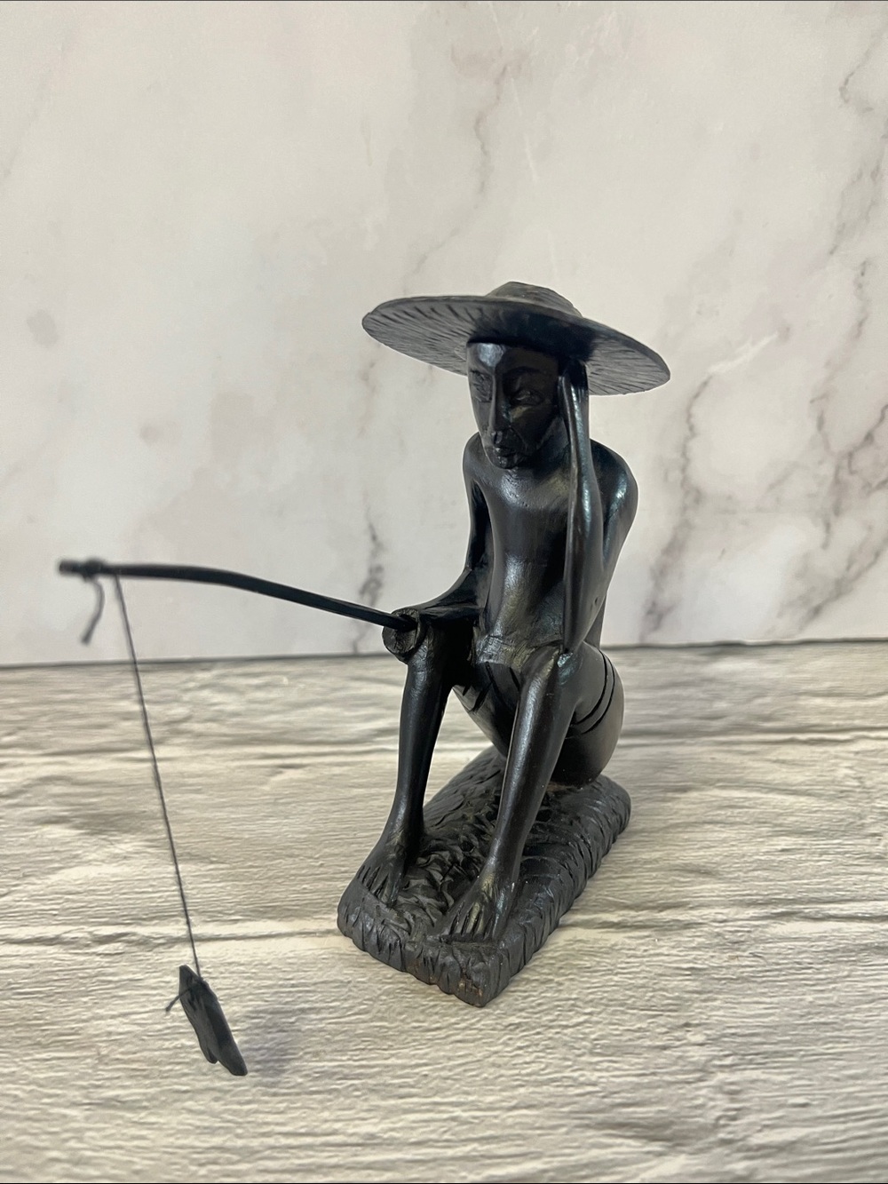 Vintage Hand Carved Wooden Fisherman Statue Sculpture